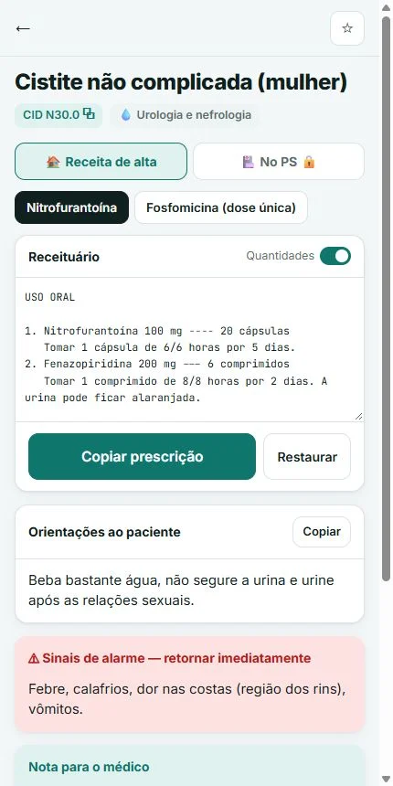 Tela real do Receita Rápida PS no tablet, com receita editável, botão de copiar, orientações e sinais de alarme.