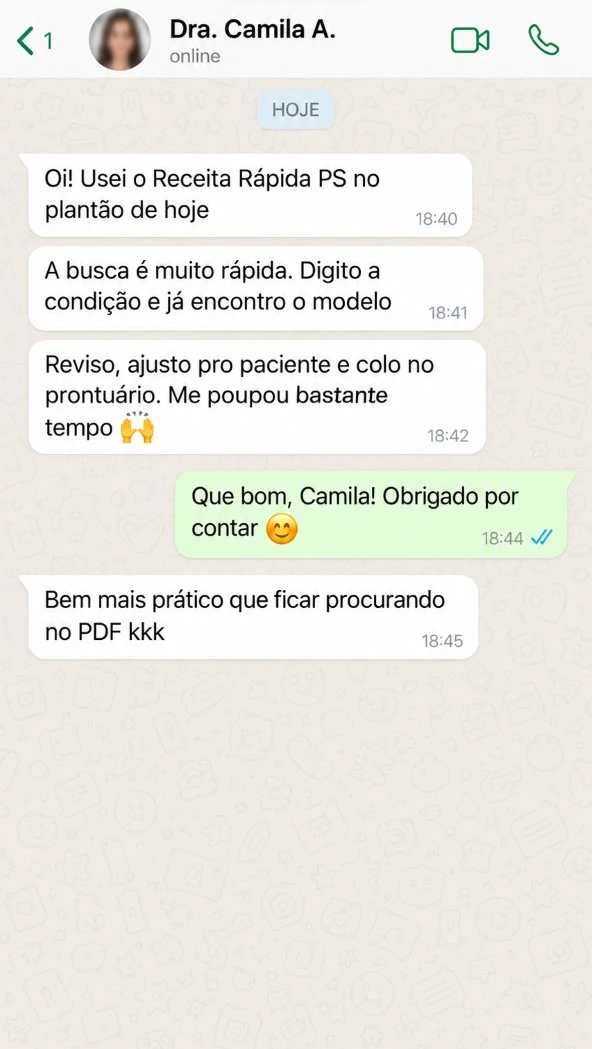 Conversa ilustrativa 4 sobre o uso do Receita Rápida PS; não é um depoimento real.