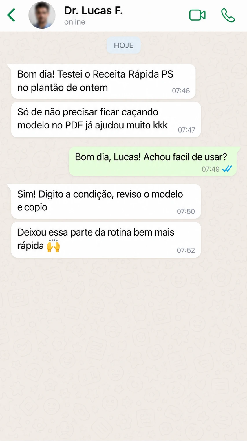 Conversa ilustrativa 7 sobre o uso do Receita Rápida PS; não é um depoimento real.